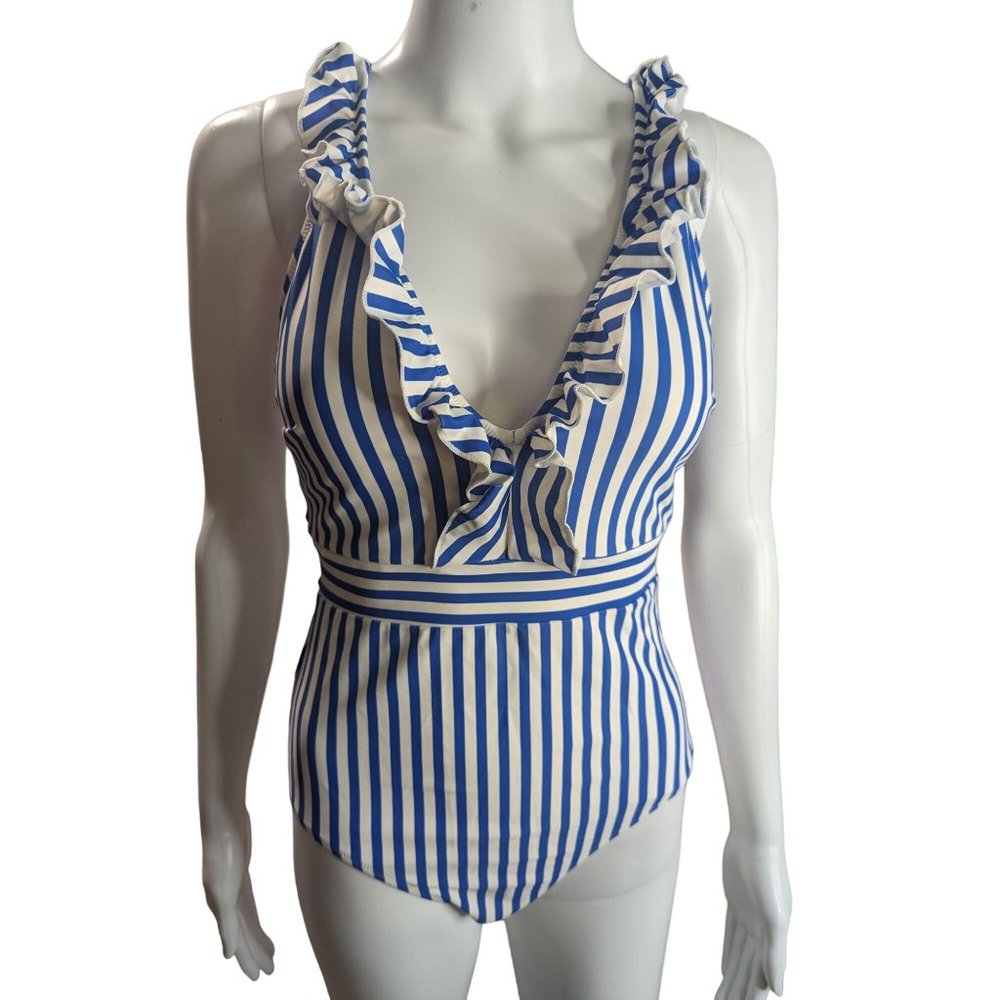 Cupshe Women's Blue Stripe Ruffle Neckline One-Piece Swimsuit sz M